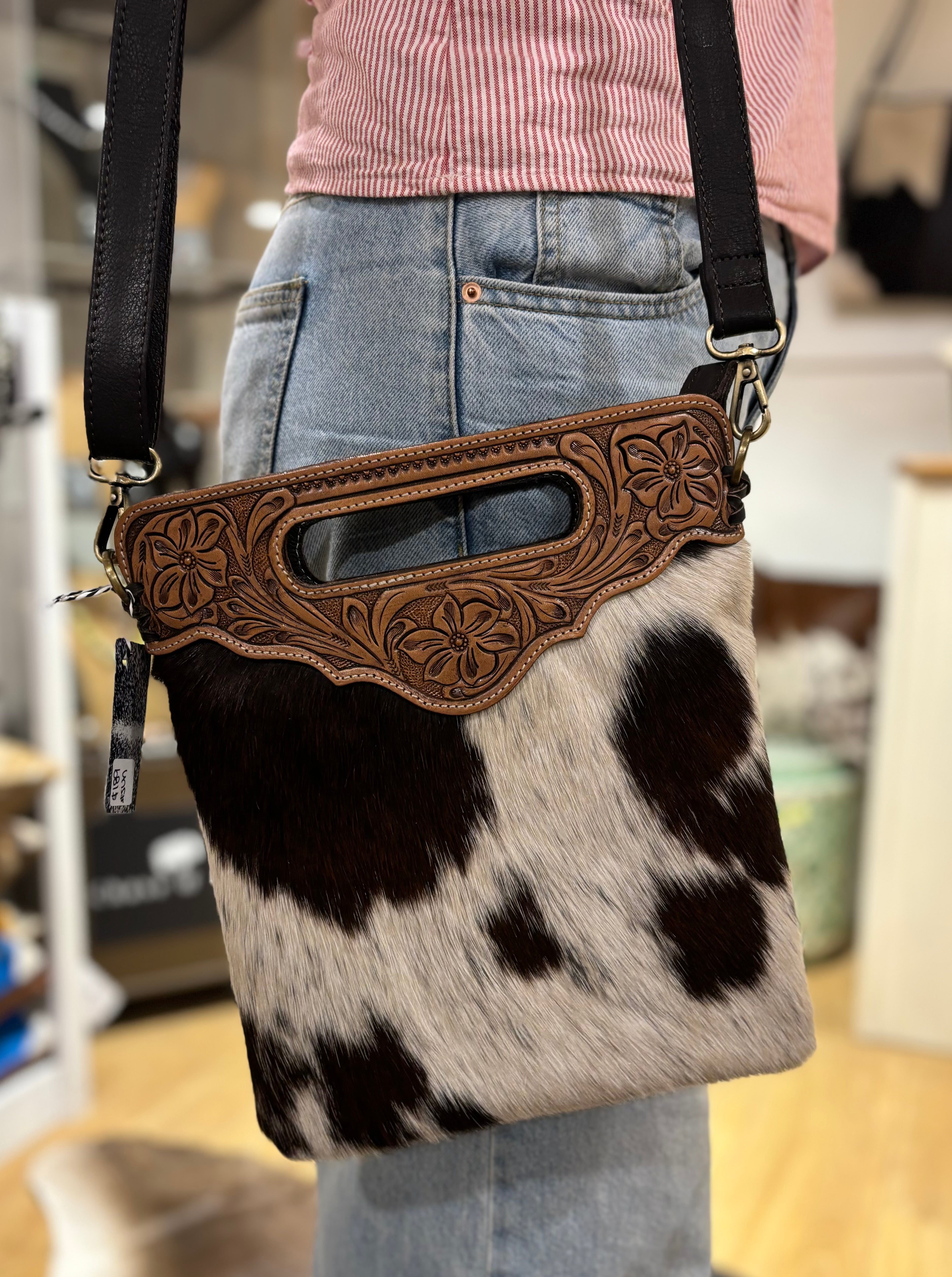 Sundance hide &amp; tooled leather handbag 