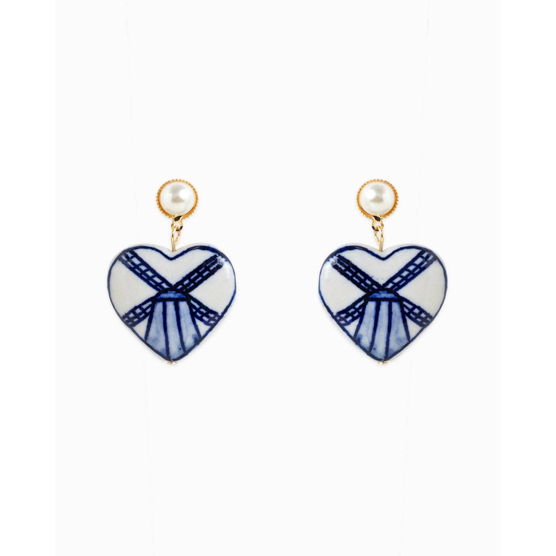 Pearl Drop Ceramic Blue Windmill Heart Earrings