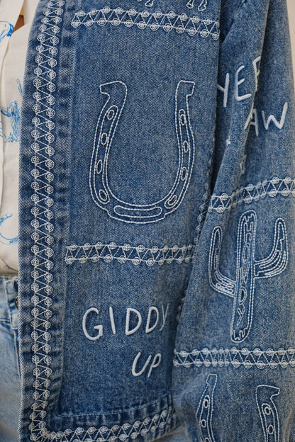 Western Embroidery Puff Sleeve Denim Jacket