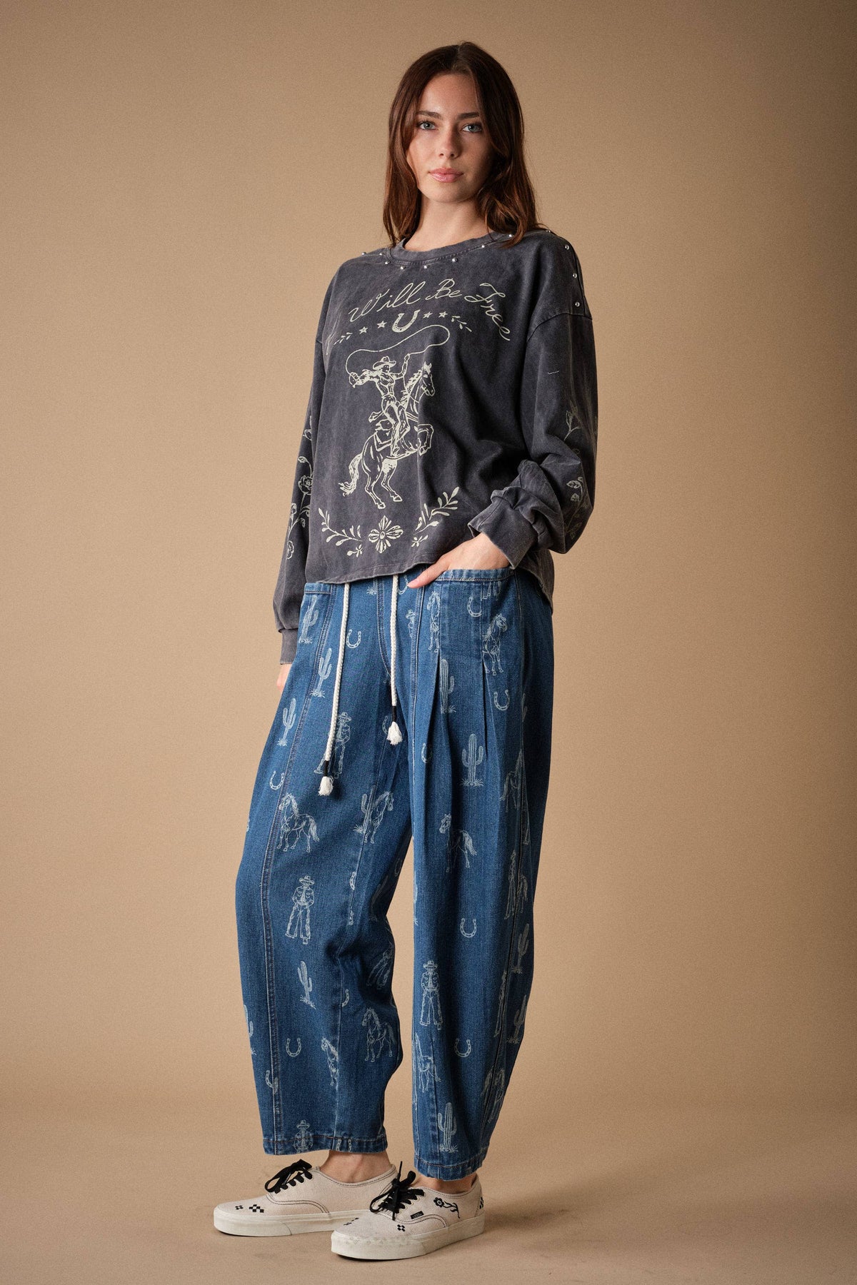 Western Print Barrel Denim Pants