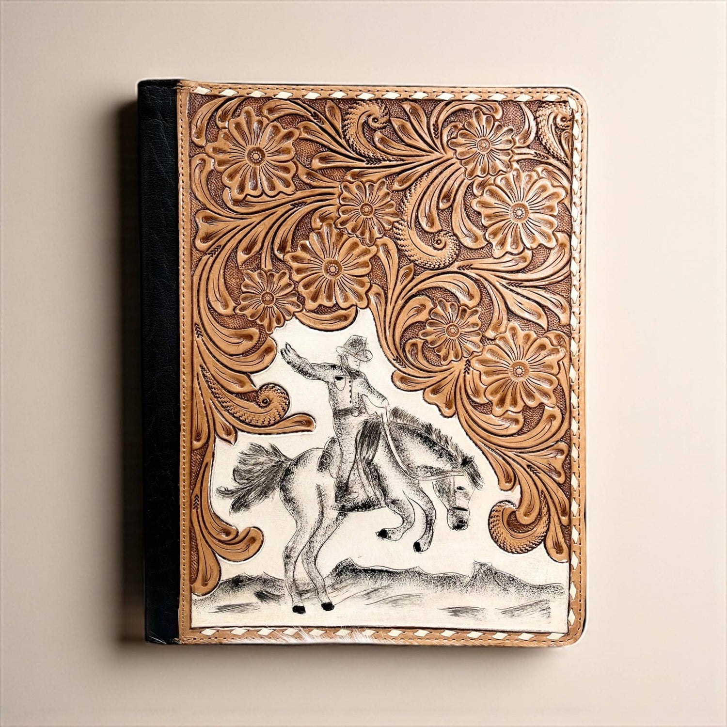 Horse rider tooled leather folder 