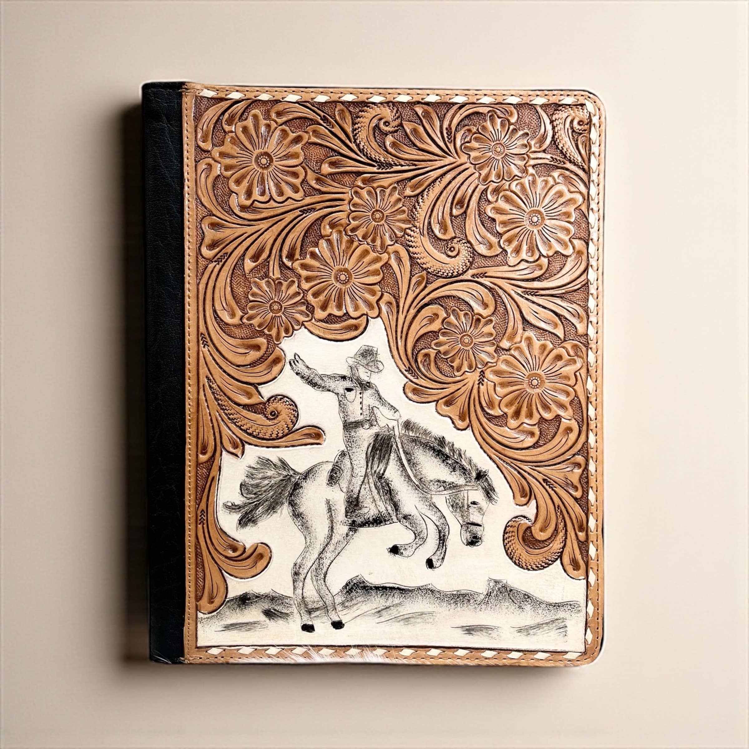 Horse rider tooled leather folder 
