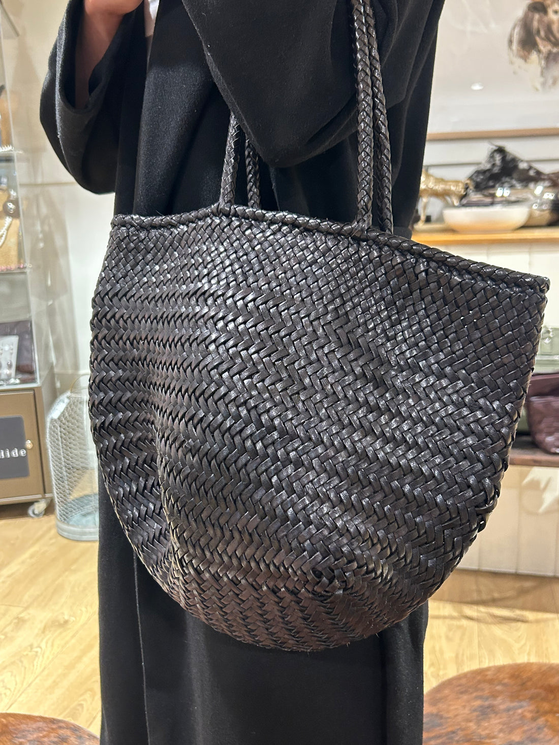 black leather weave bag