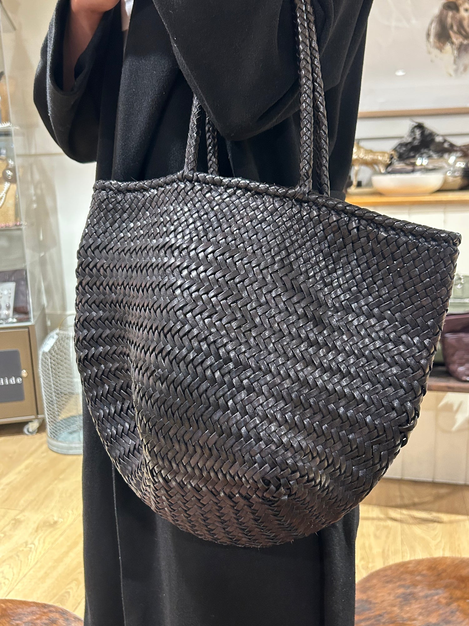 black leather weave bag 