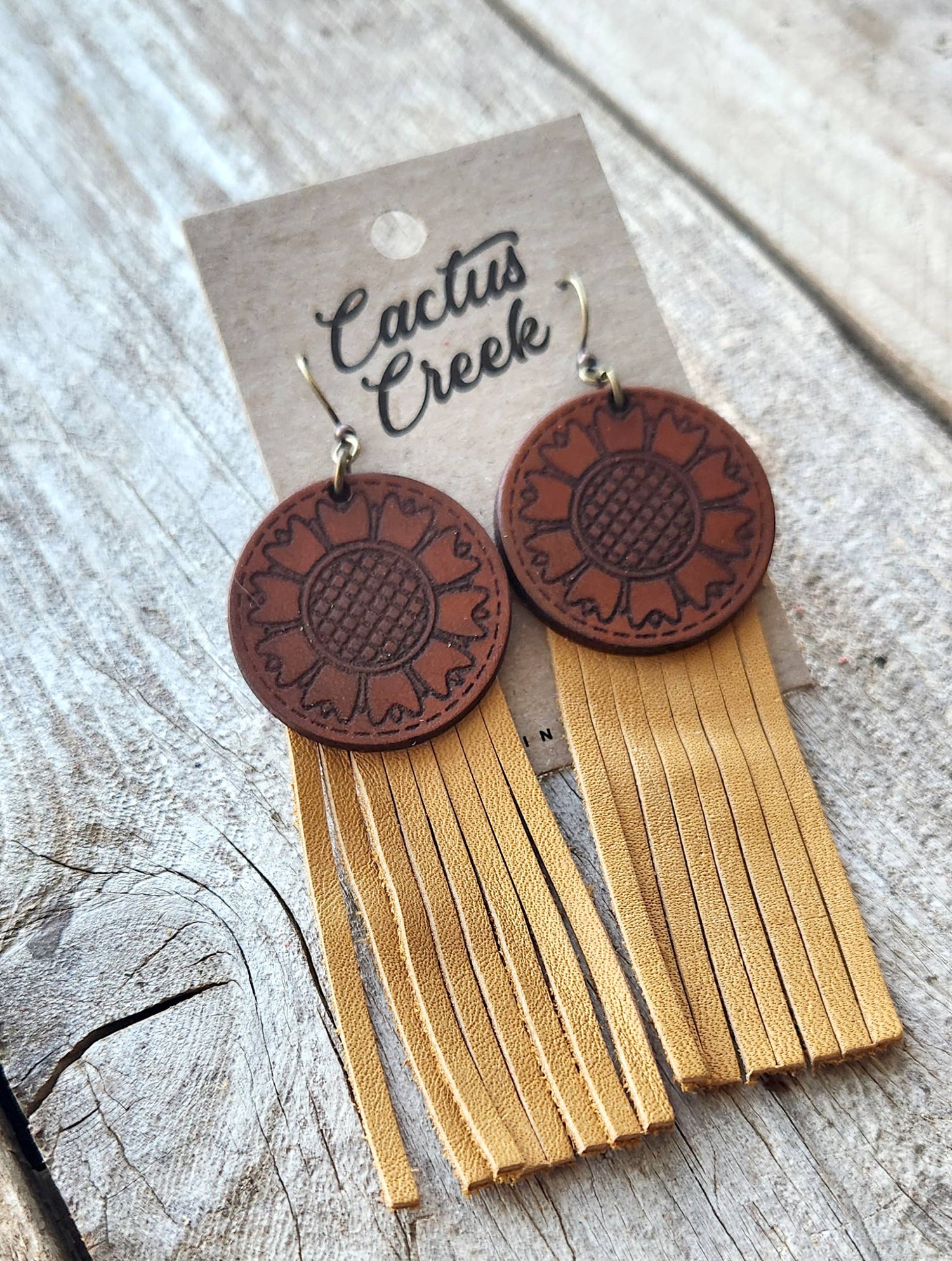 &quot;Kansas&quot;  Handmade Tooled Leather and Fringe Earrings
