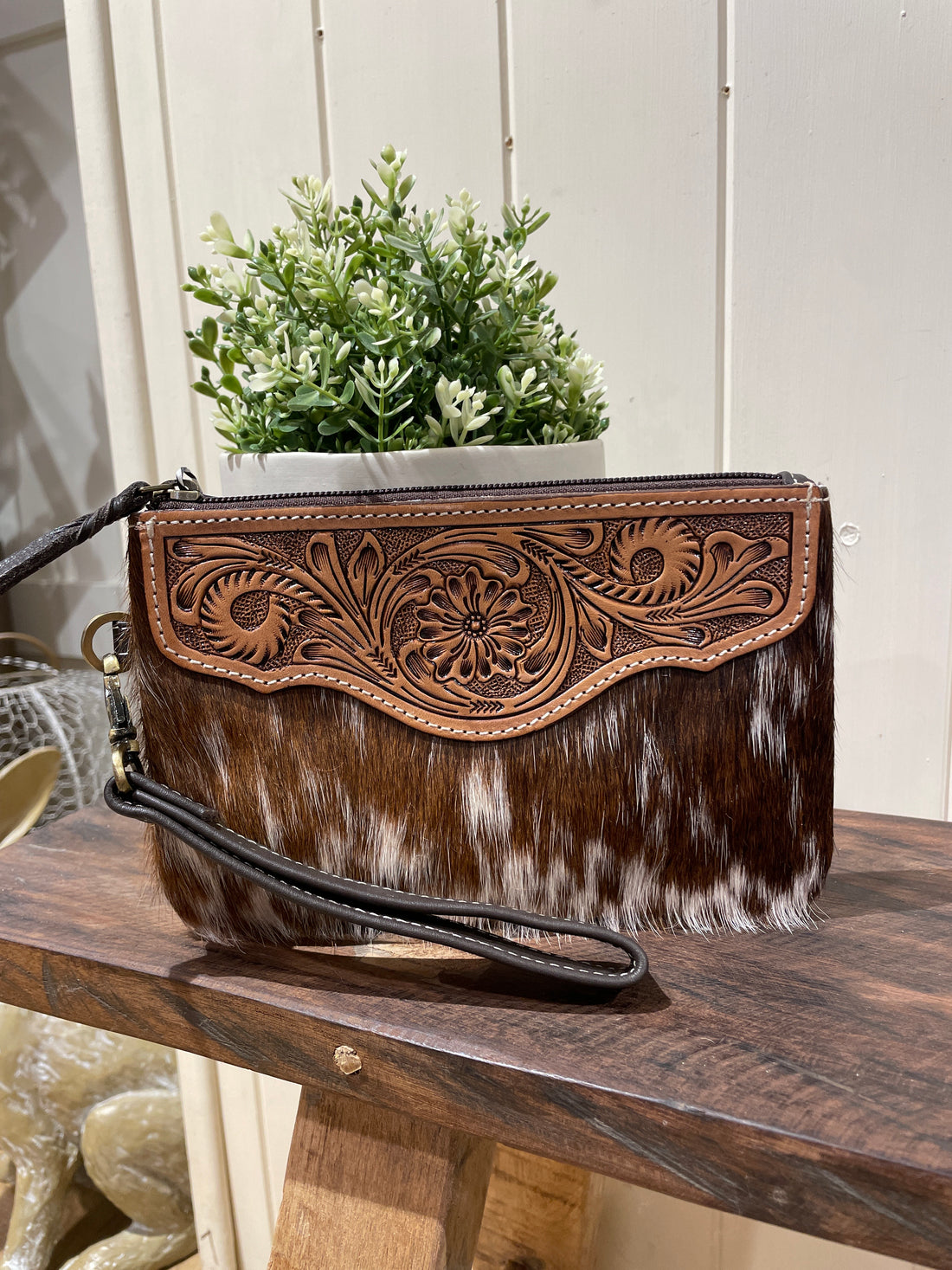 Mia Hide &amp; tooled leather clutch 