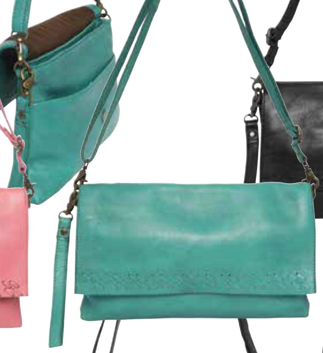 Aqua Leather crossbody/Clutch 