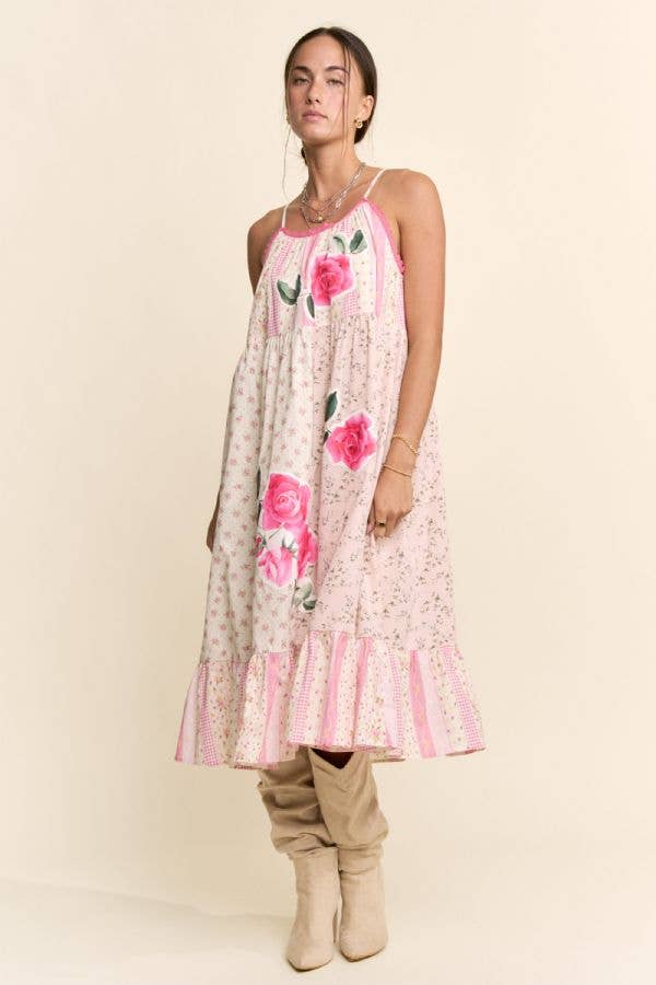 Rose Patchwork Print Ruffle Hem Trapeze Midi Dress