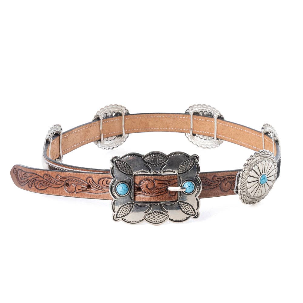 Floracrest Hairon Concho Belt for Women with Handtooling and Turquoise Stone Buckle
