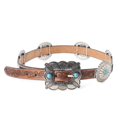 Floracrest Hairon Concho Belt for Women with Handtooling and Turquoise Stone Buckle