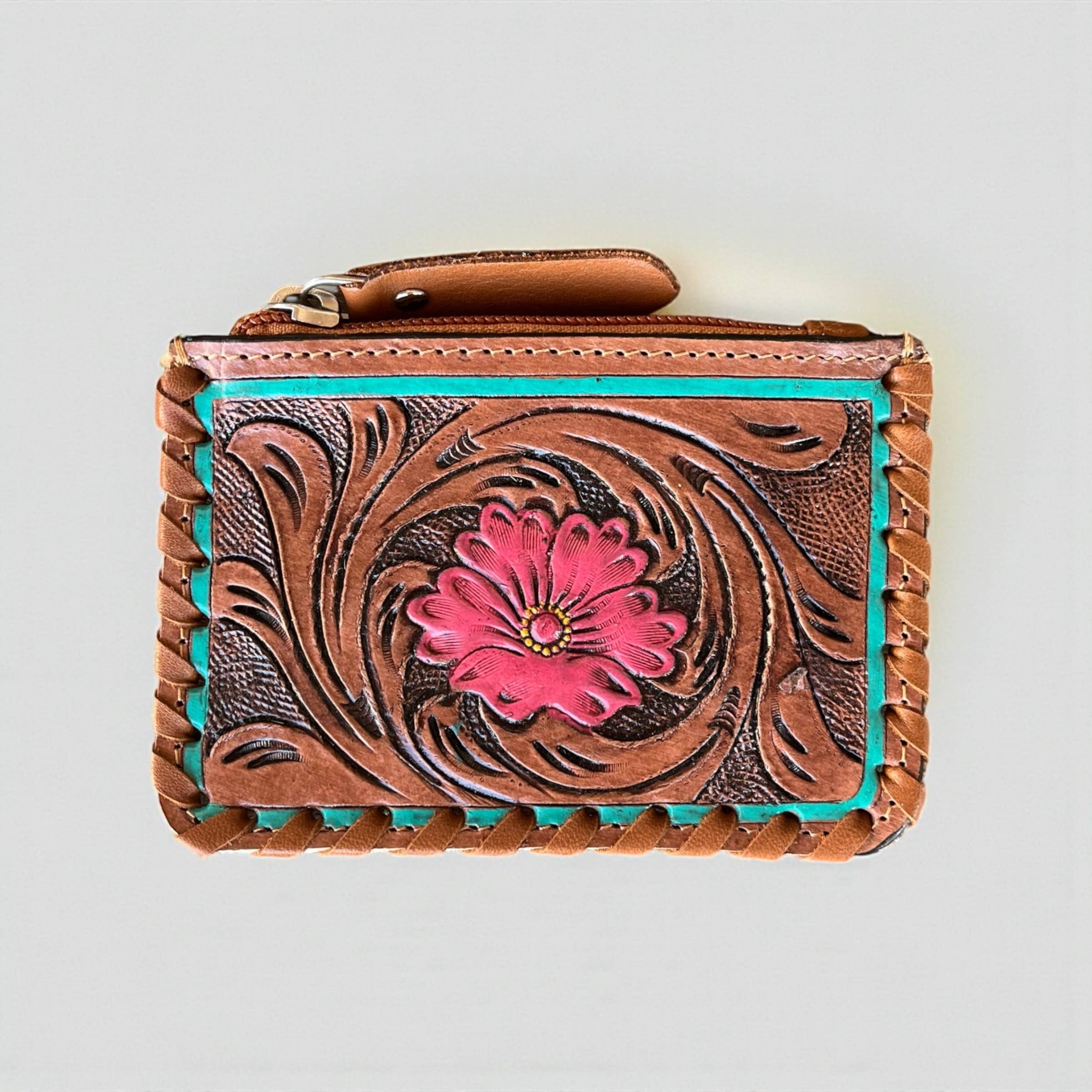 Rosita tooled leather &amp; cowhide coin pouch 