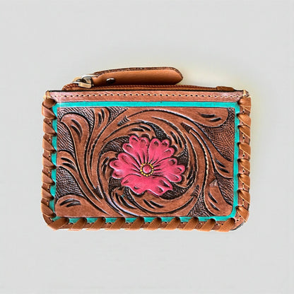 Rosita tooled leather &amp; cowhide coin pouch 