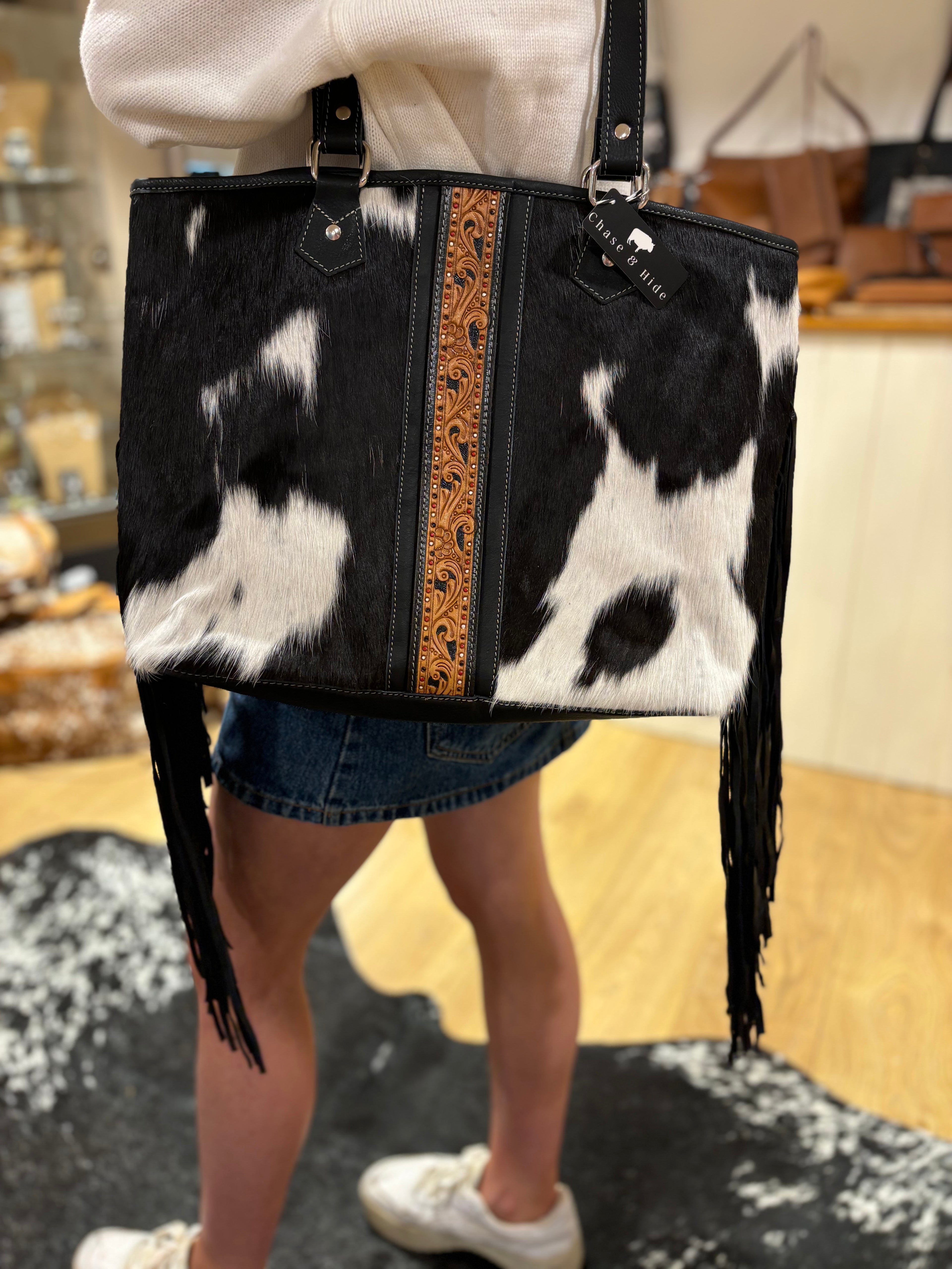 Hand Painted Tooling Leather Big Cowhide Bag With Fringes – AB73