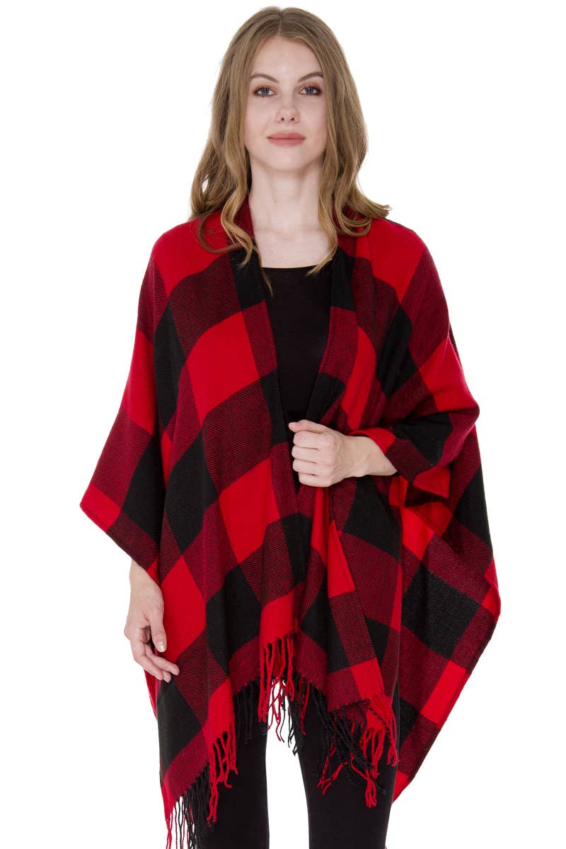 Buffalo Check Pattern Ruana Poncho with Fringes
