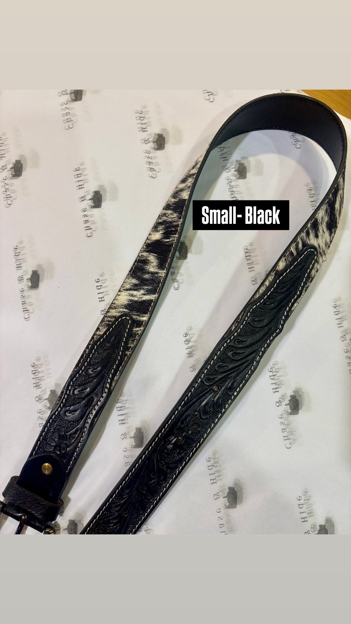 Black Tooled Leather and Hide Belt 