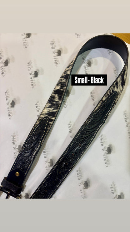 Black Tooled Leather and Hide Belt 