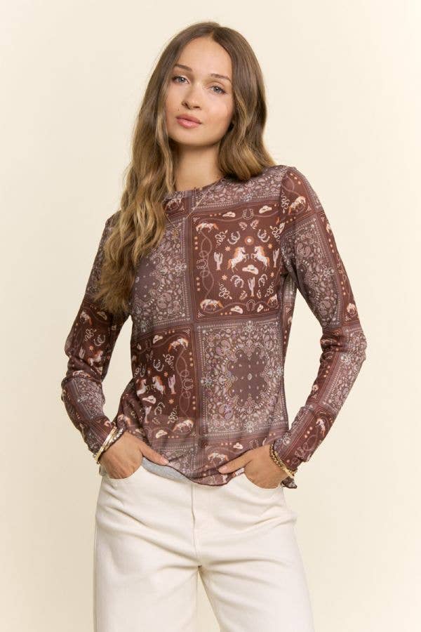 Western Bandana Print Mock Neck Mesh Top