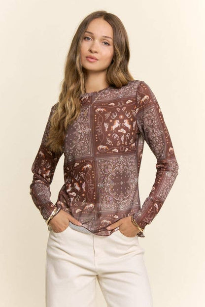Western Bandana Print Mock Neck Mesh Top