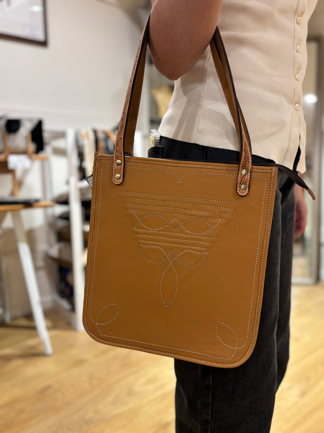 Tooling leather boot stitch bag