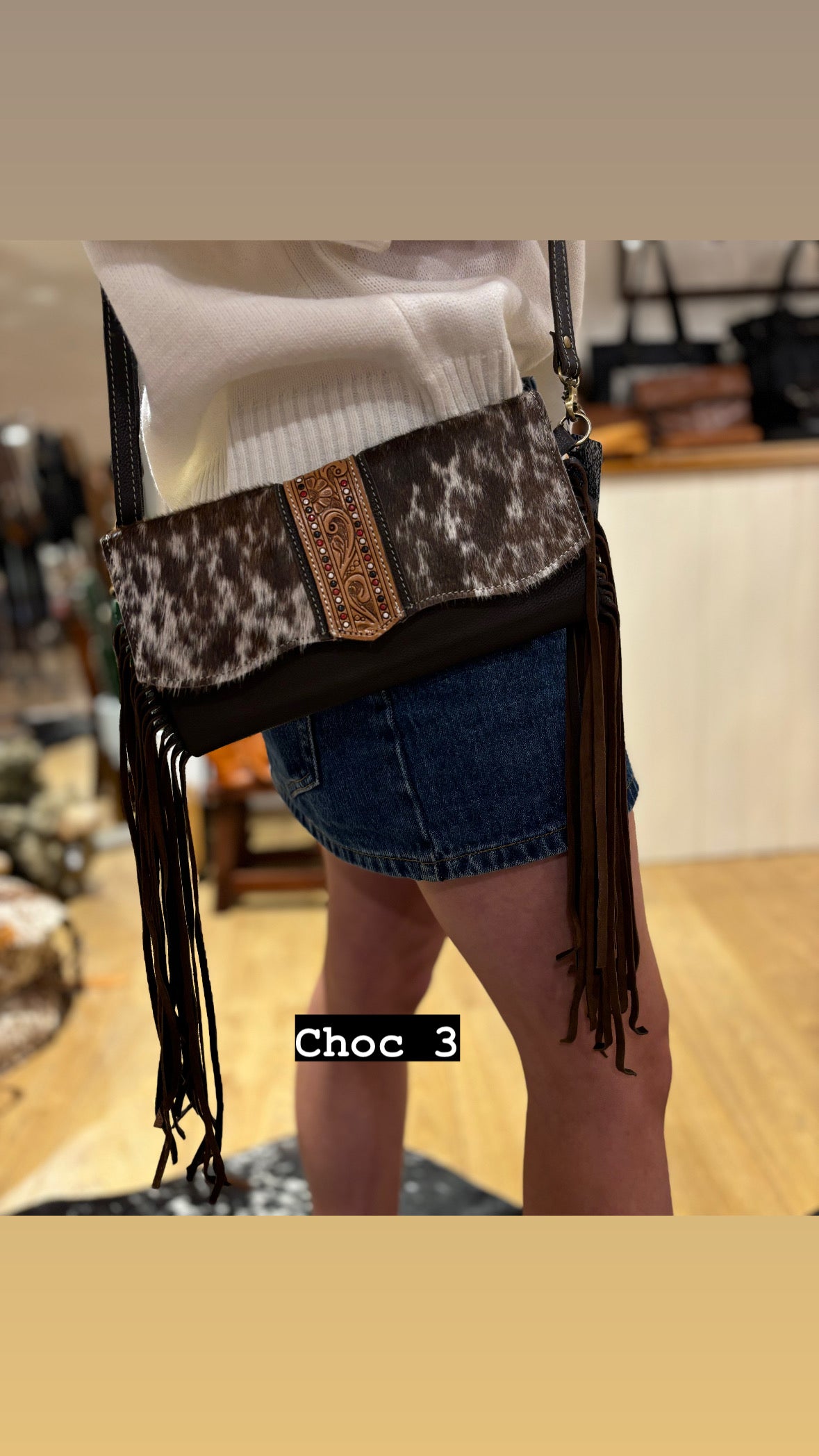 Hand Painted Tooling Leather Flap Cowhide Bag With Fringes – AB74