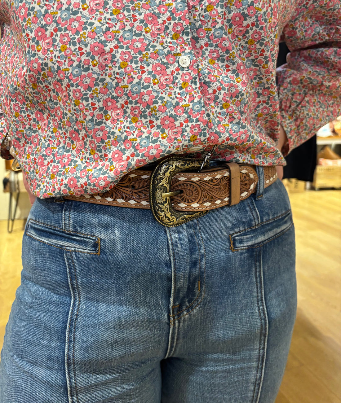 Chocolate Buck stitched tooled leather belt