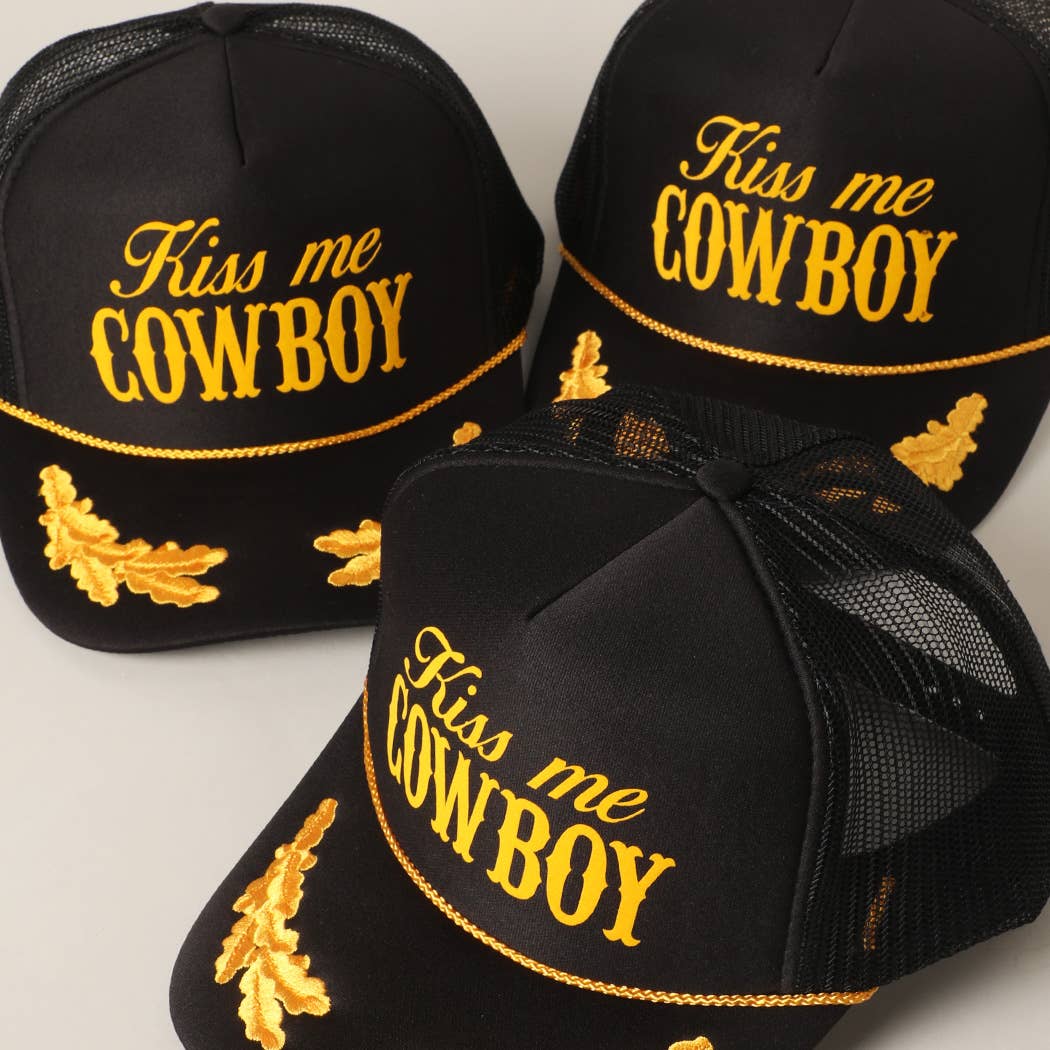 Kiss Me Cowboy Text Foam Mesh Back Trucker Hat Cap