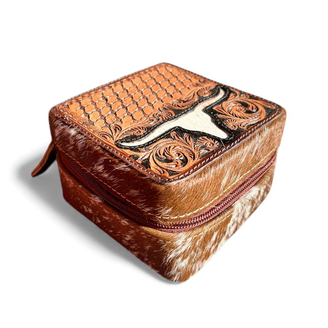 Longhorn tooled leather & cowhide jewelry box