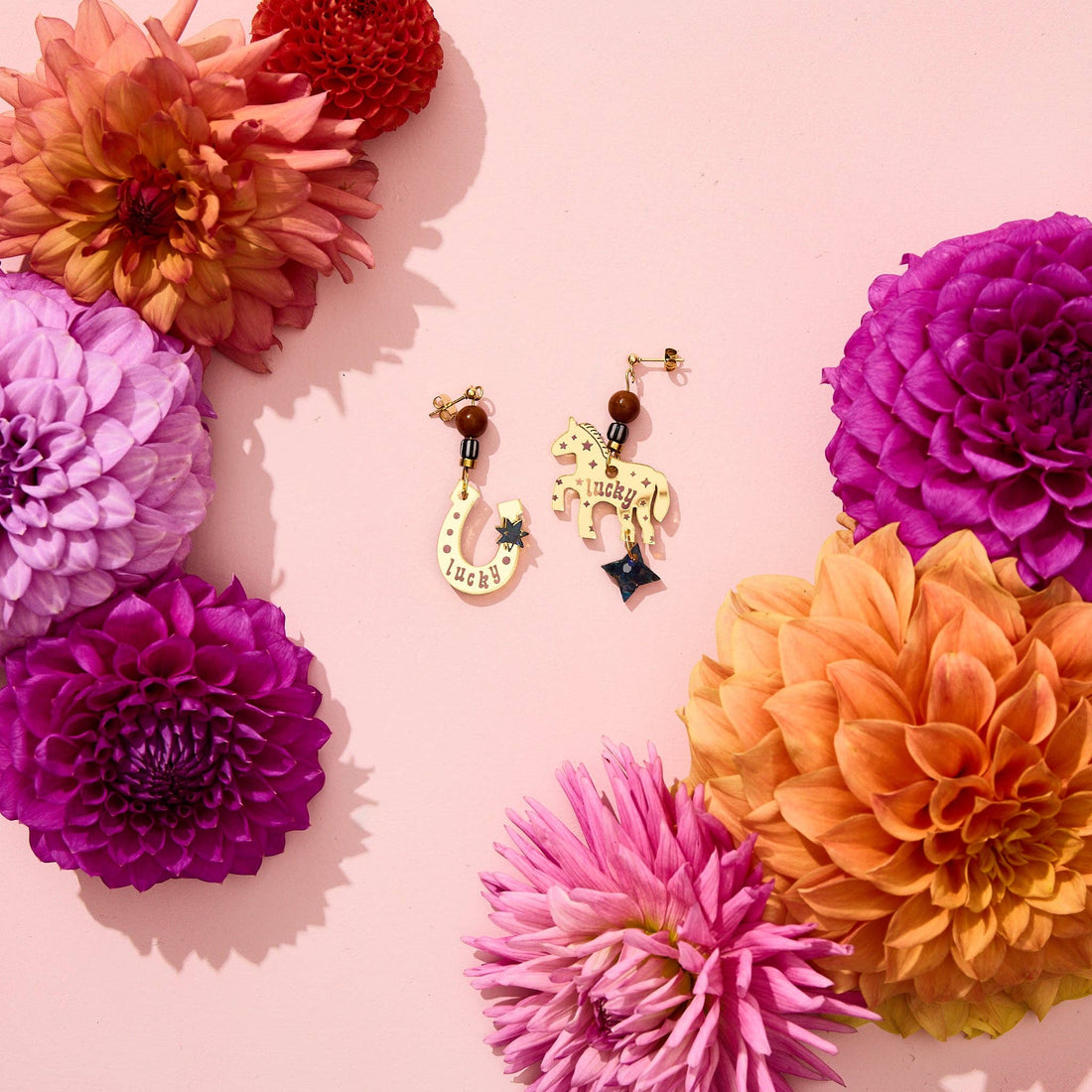 Lucky Horse + Shoe Earrings - Gold / Pink