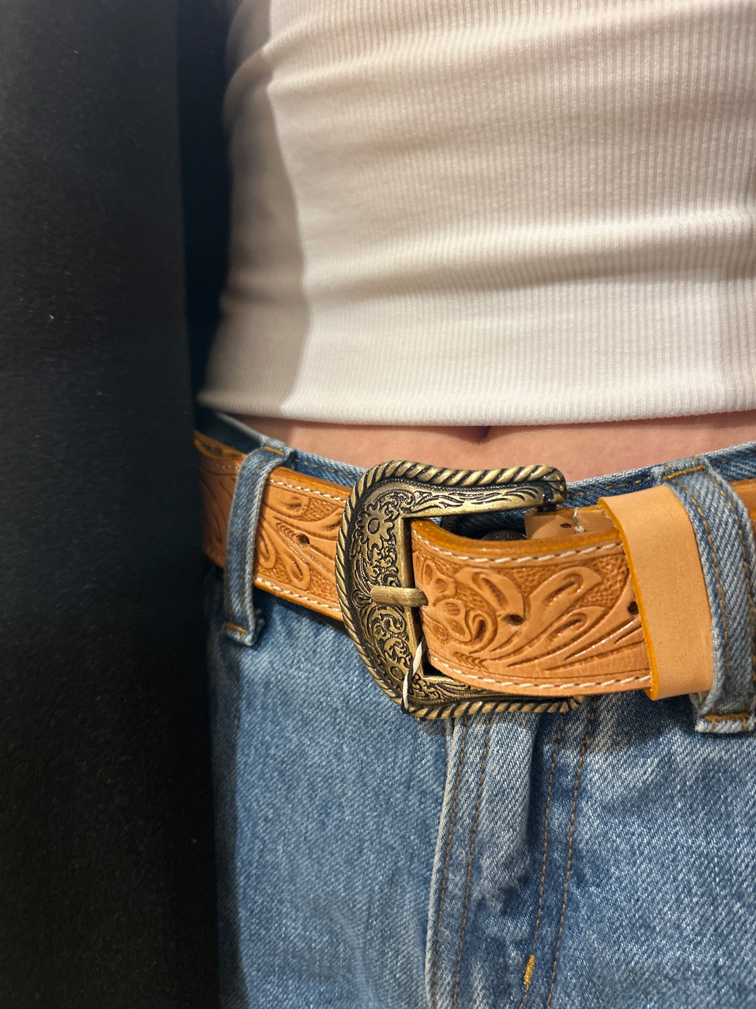 Tan Tooled Leather and Hide Belt