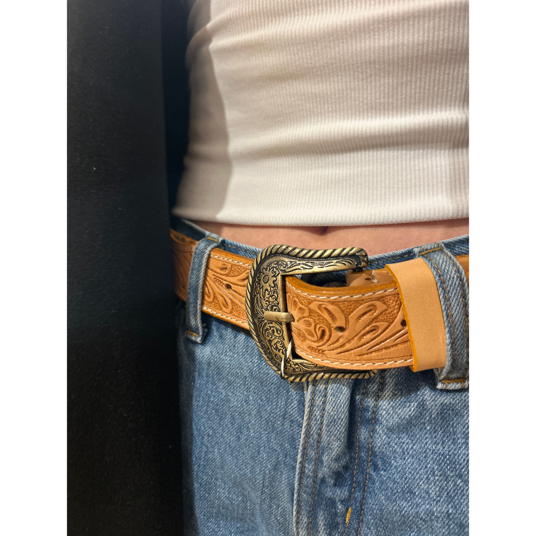 Tan Tooled Leather and Hide Belt