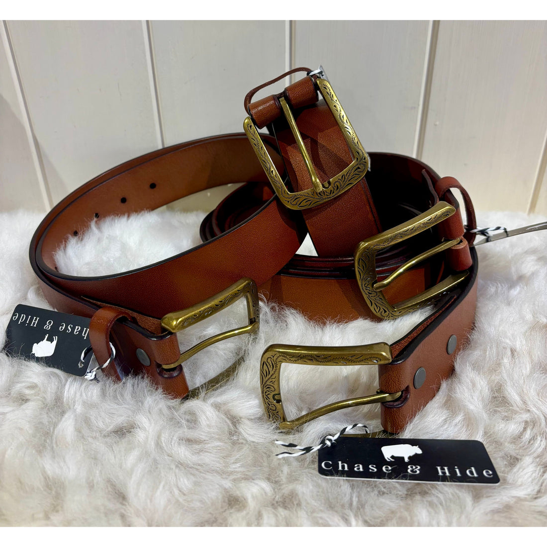Leather Belt with Etched gold buckle