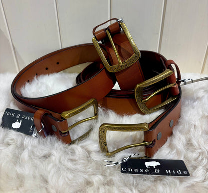 Leather Belt with Etched gold buckle 