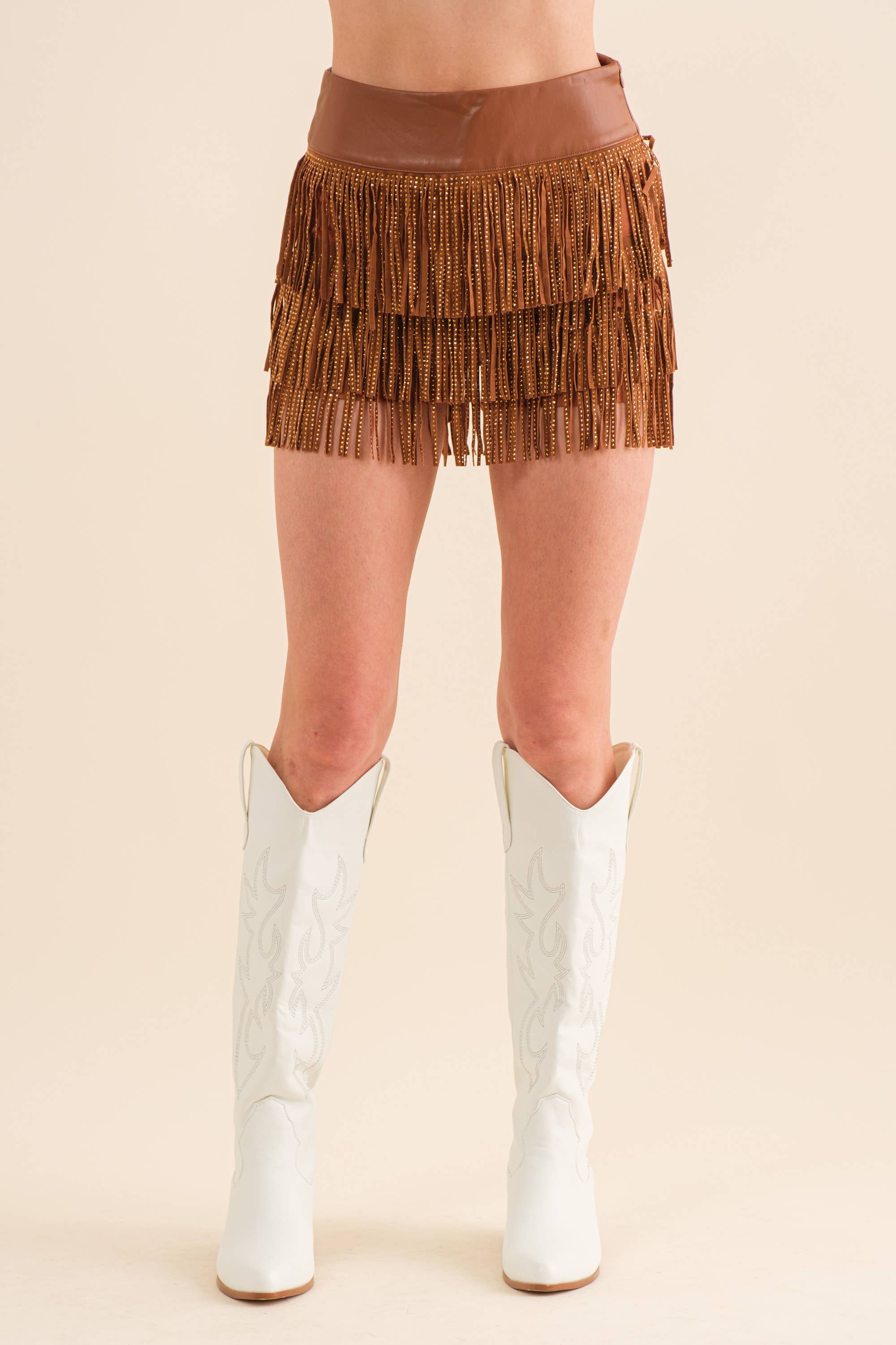 Festival Leather Waist Tiered Fringe Studded Short