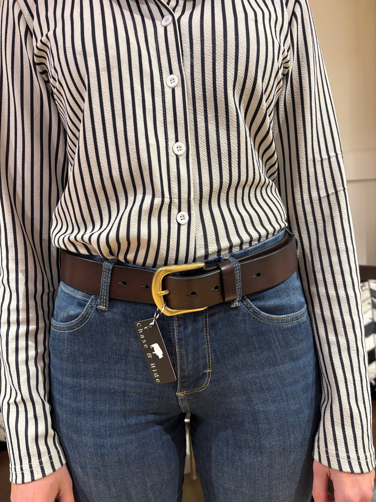 Brown Leather Belt with gold Buckle