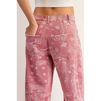 JEANS MINERAL WASHED PAISLEY PRINTED BARREL JEANS