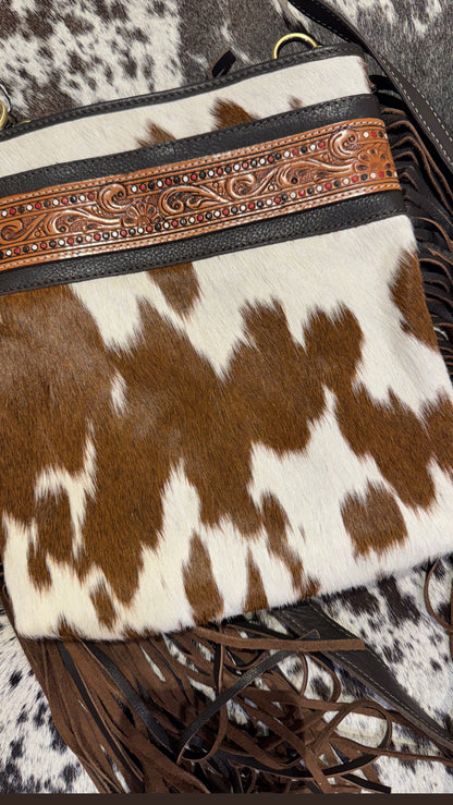 Hand Painted Tooling Leather Medium Sling Cowhide Bag With Fringes – AB72
