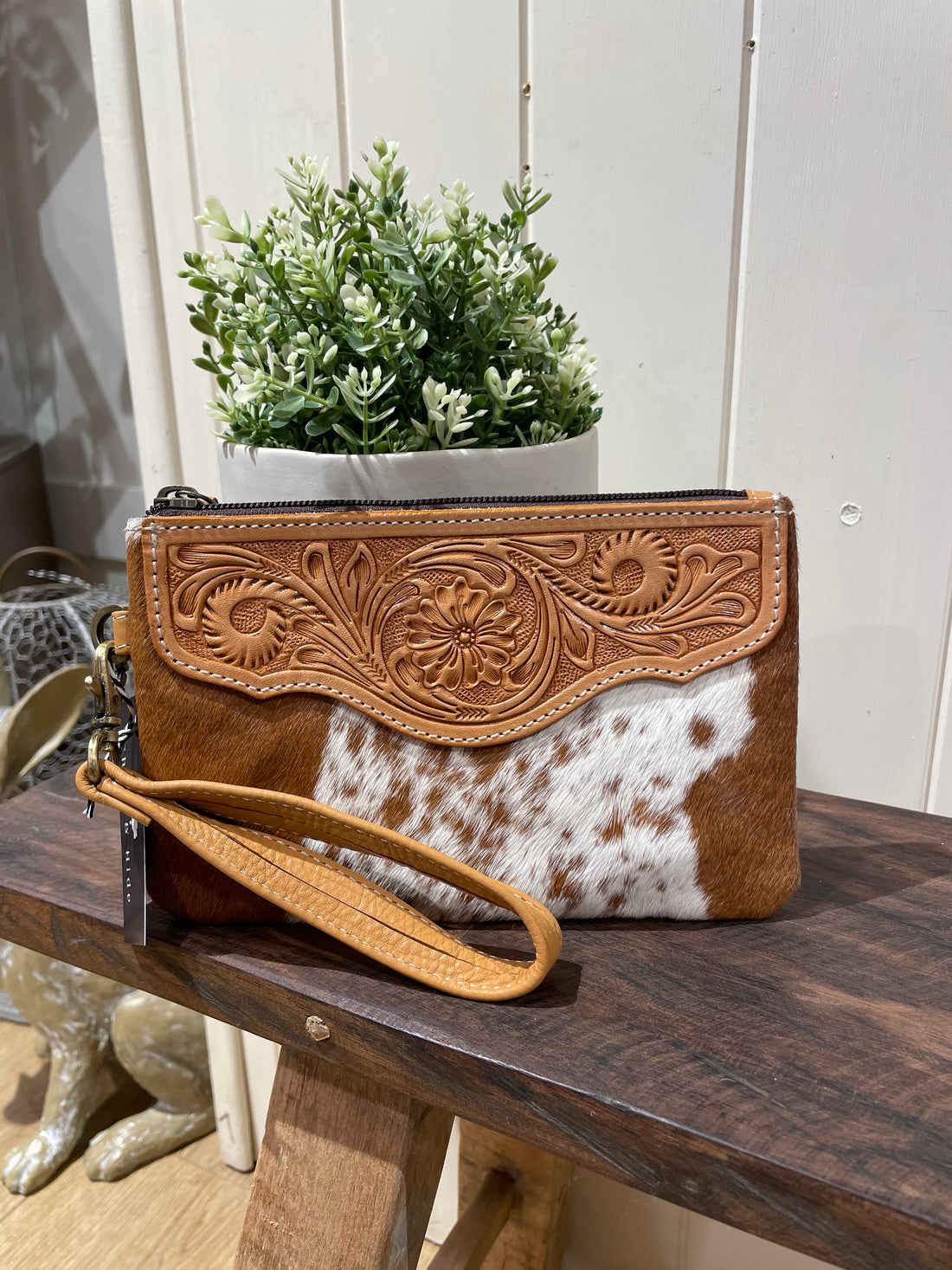 Mia Hide &amp; tooled leather clutch 