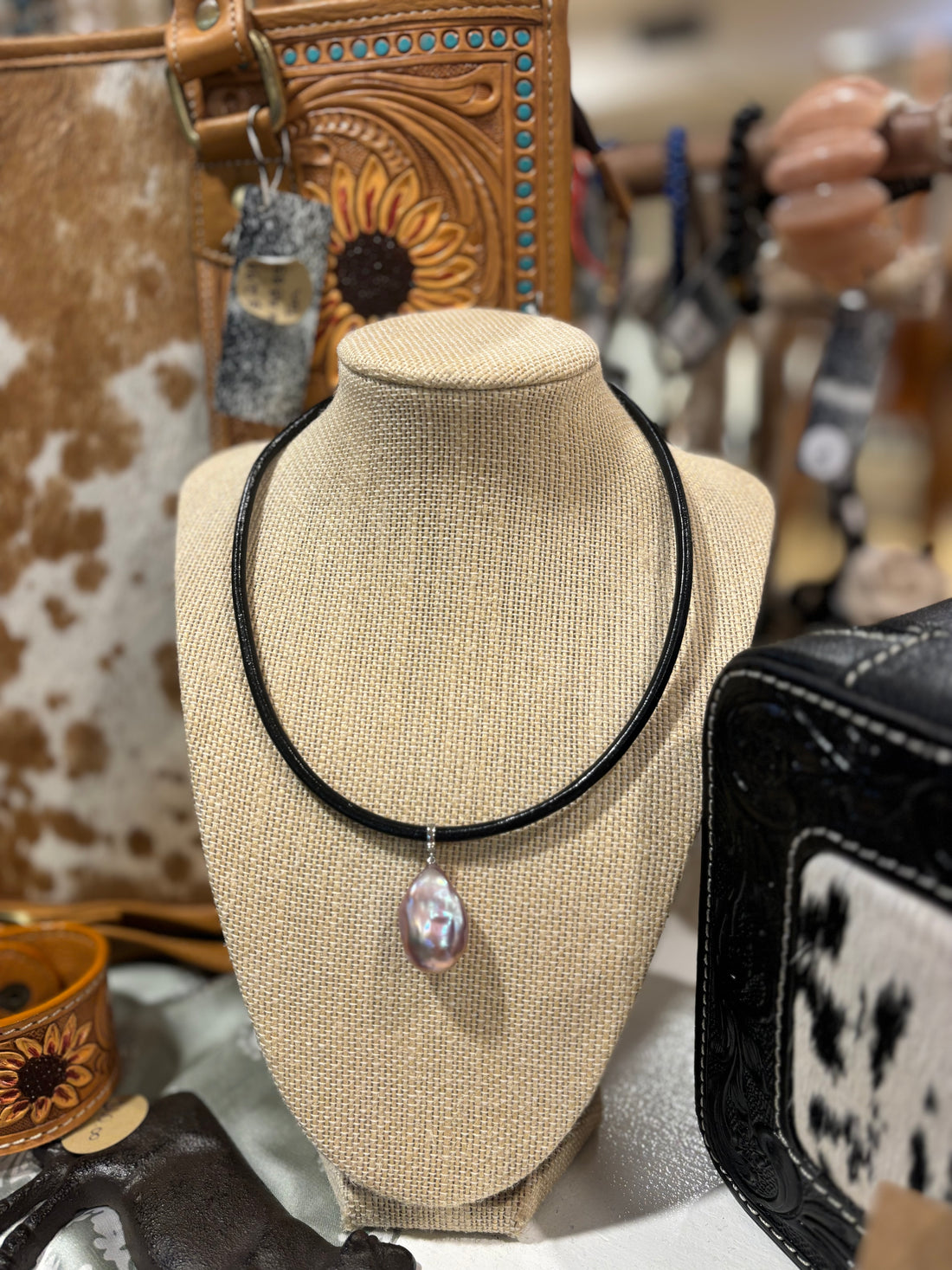 Natural Pink Freshwater Baroque pearl pendant on leather cord