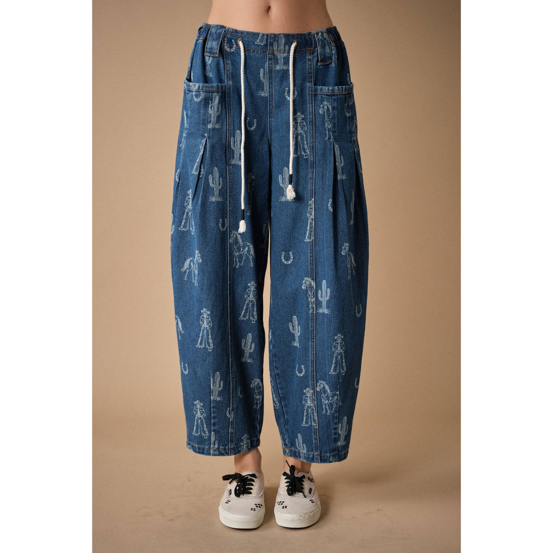 Western Print Barrel Denim Pants