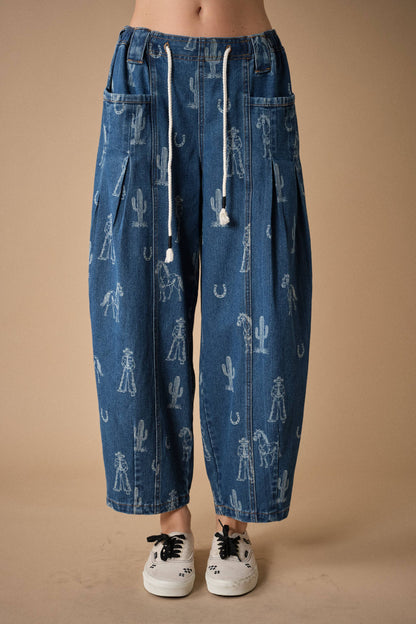 Western Print Barrel Denim Pants