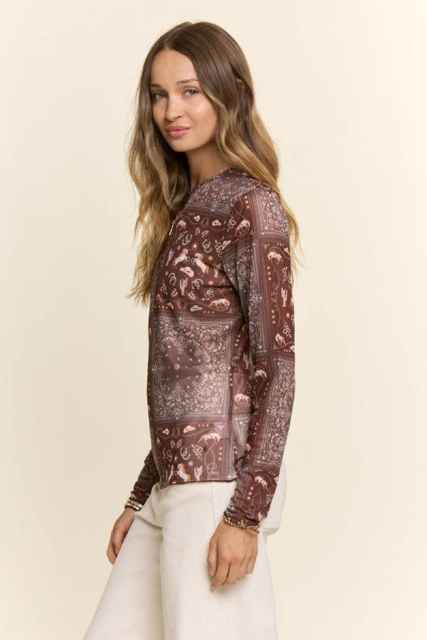 Western Bandana Print Mock Neck Mesh Top