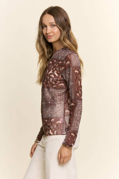 Western Bandana Print Mock Neck Mesh Top