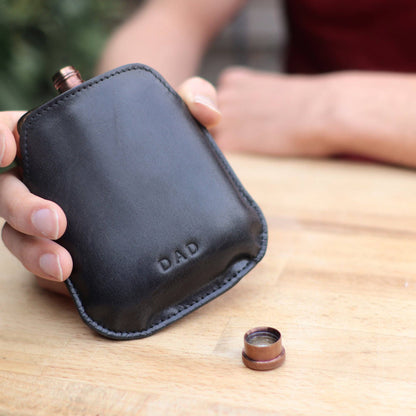 Copper Hip Flask With Vintage Leather Sleeve - Black