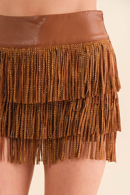 Festival Leather Waist Tiered Fringe Studded Short