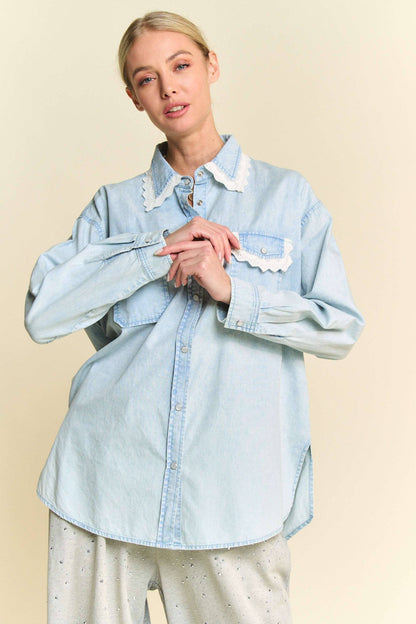 LIGHTWEIGHT WASHED LACE EDGE WAFFLE KNIT SHIRT