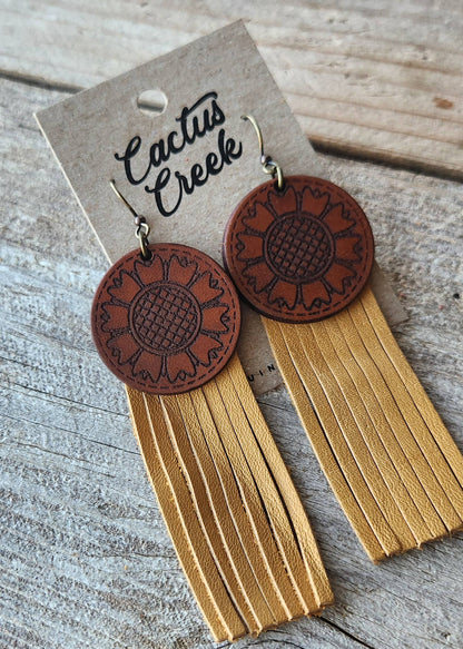&quot;Kansas&quot;  Handmade Tooled Leather and Fringe Earrings
