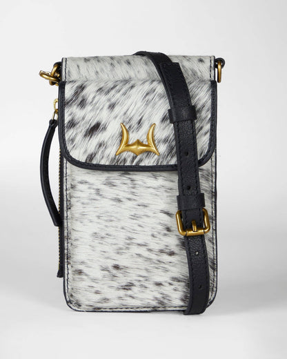 Shell Phone Bag In Black And White Cowhide
