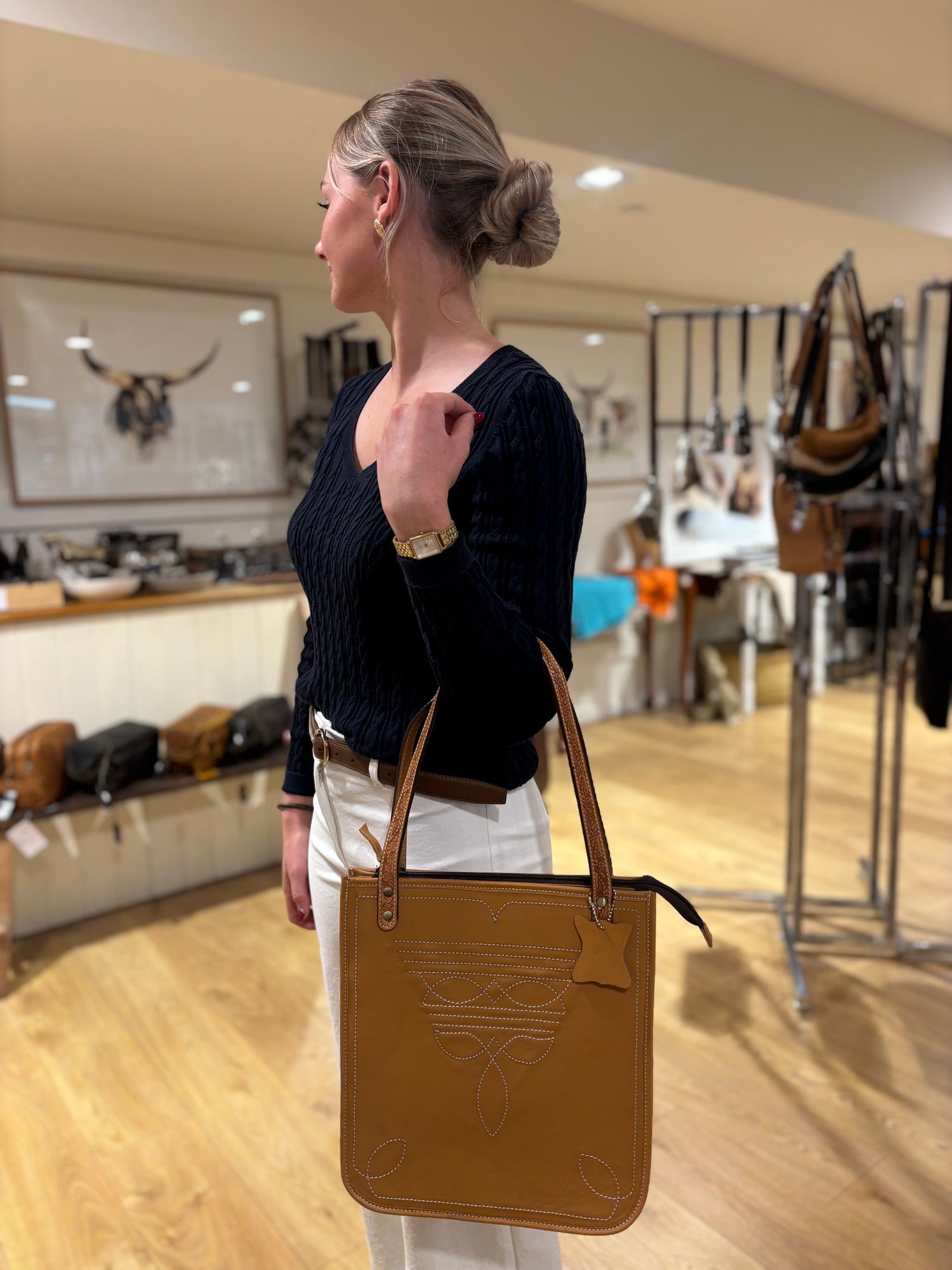 Tooling leather boot stitch bag 