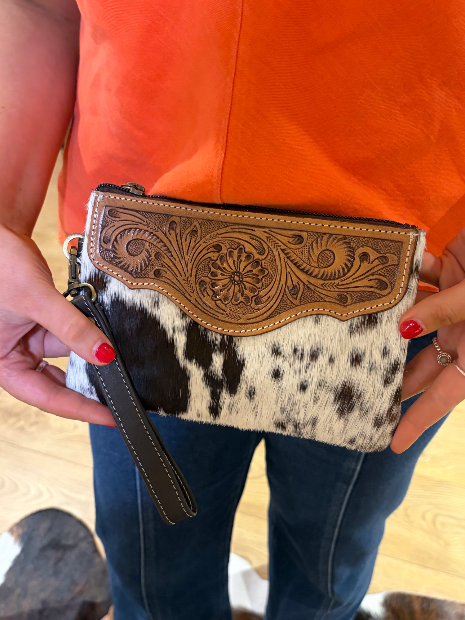 Mia Hide &amp; Tooled Leather Clutch 