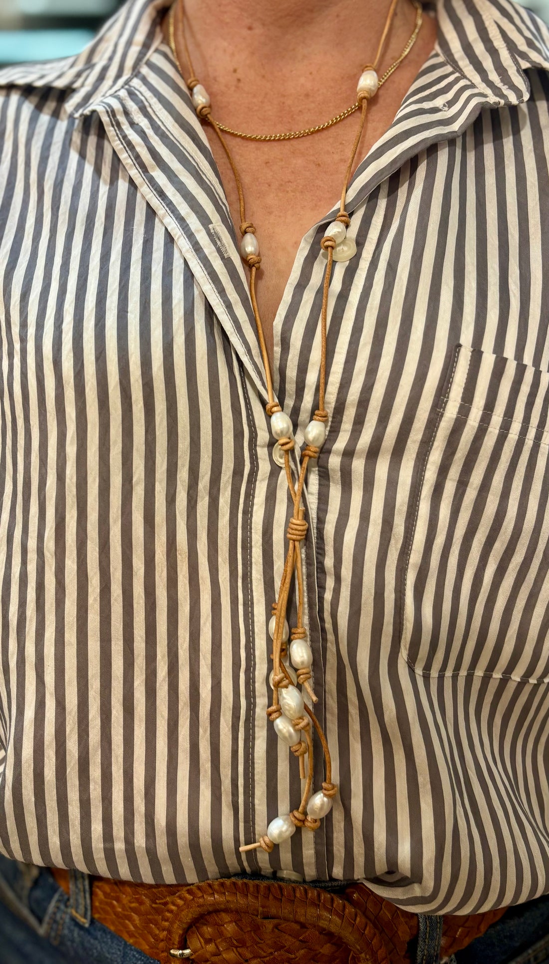 Pearls on light Tan Leather necklace